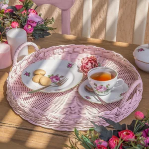 Round Wicker Tray cream - Pale pink