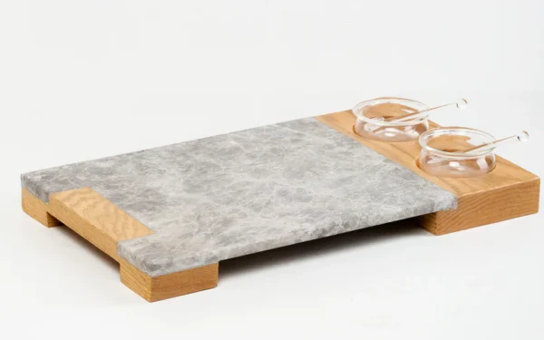 Service Tray Marble with Cup Holder Wood - Gray