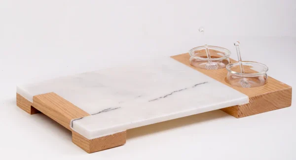 Service Tray Marble with Cup Holder Wood - White