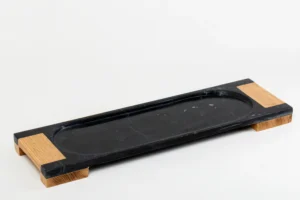 Service Tray Marble + Wood Hand - Black - Cream, 13X44 CM