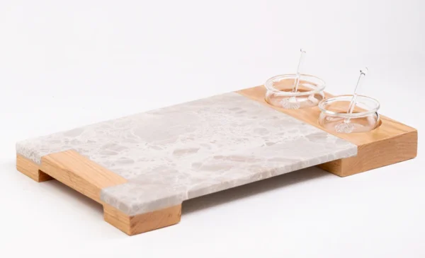 Service Tray Marble with Cup Holder Wood - White mixed with silver