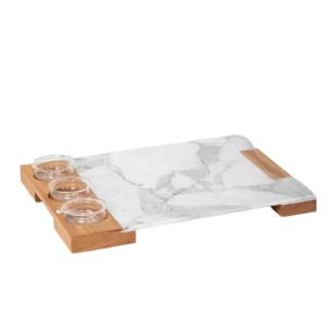 Service Tray Marble with triple Sause Cup Holder Wood