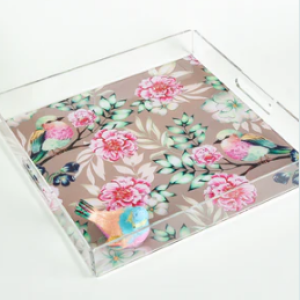 Bird & Flower Pink Blooms – Acrylic Tray (30x30 cm)