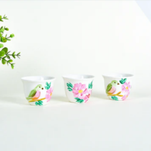 Bird & Flower Pink Blooms – Arabic Coffee Cups (Set of 6)
