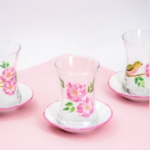 Bird & Flower Pink Blooms – Tea Cups with Saucers (Set of 6)