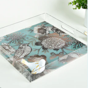 Bird & Flower Gold Accents – Acrylic Tray (30x30 cm)