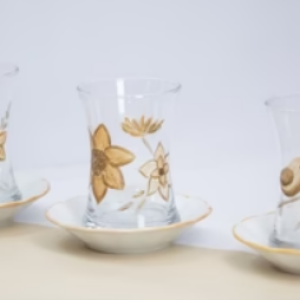 Bird & Flower Gold Accents – Tea Cups with Saucers (Set of 6)