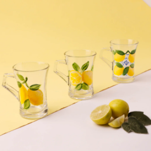 Fresh Lemons with Blue Tea Cups With Handles Set of Six