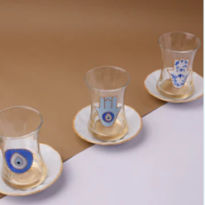 Blue Fatima Hands & Eyes Tea Cups With Saucers Set of Six