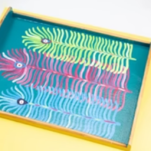 Peacock Feather – Blue - Wooden Tray (40x30 cm)