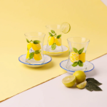 Fresh Lemons with Blue Tea Cups With Saucers Set of Six