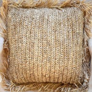 Square Raffia Cushion With Fringes