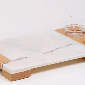 Service Tray Marble with Cup Holder Wood